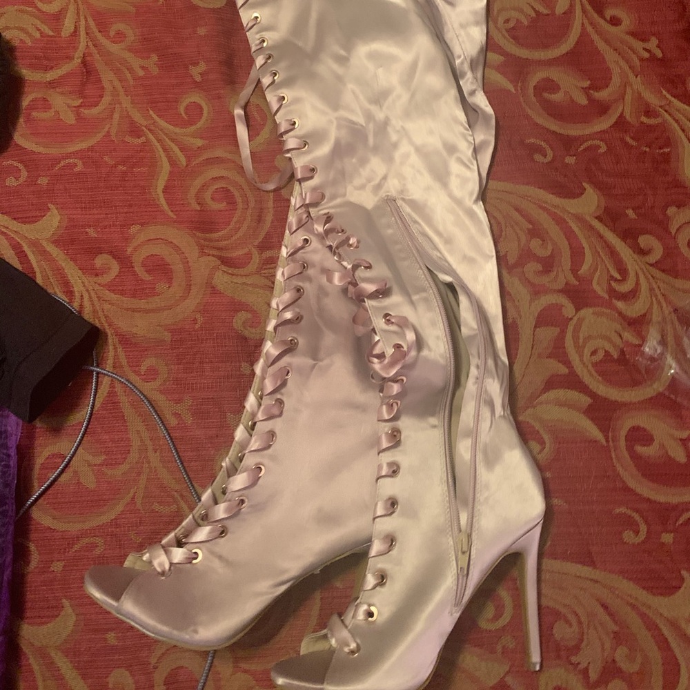Satin beige stiletto peekaboo boots